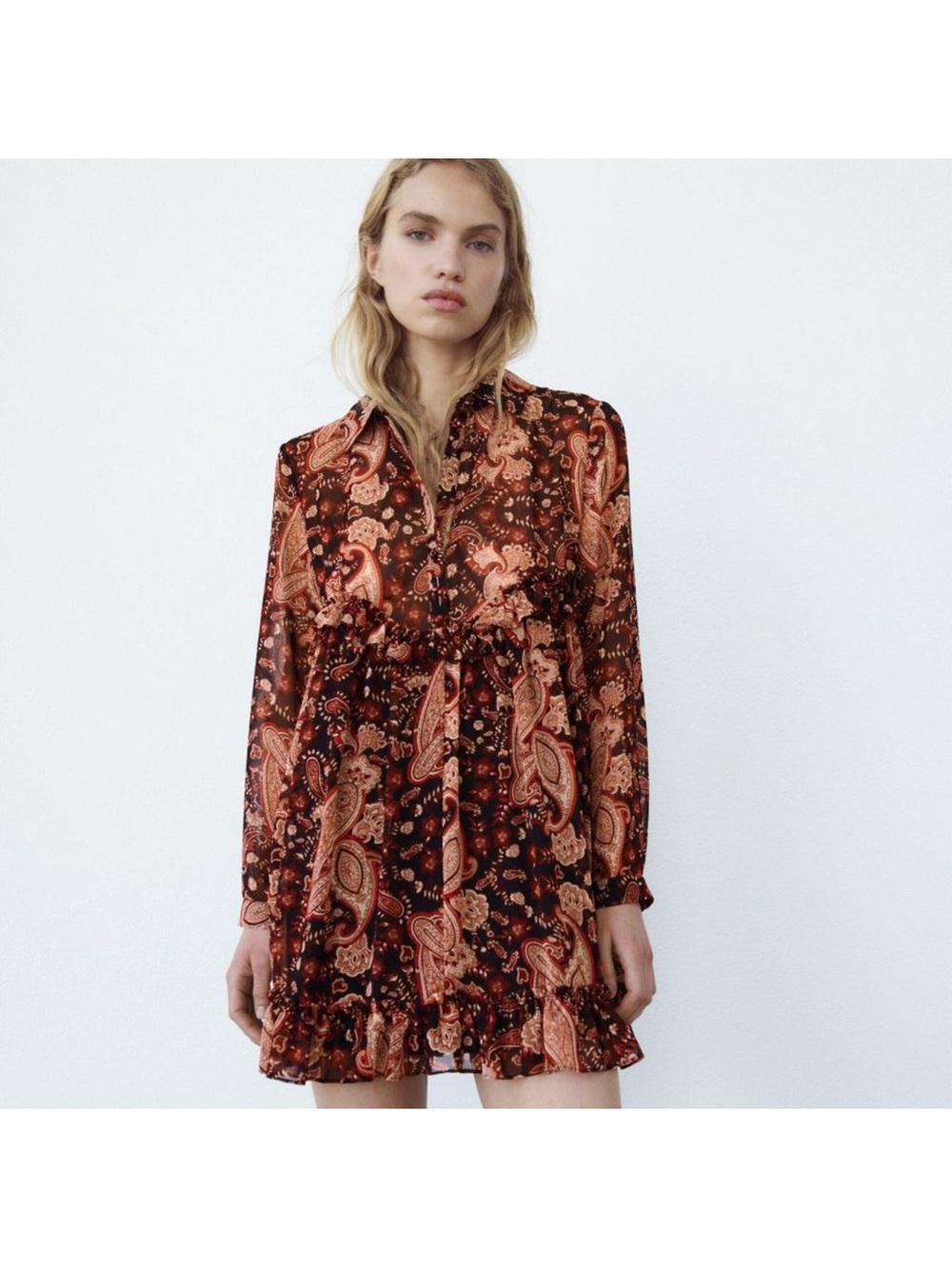 Zara Brown & Rust Paisley Long-Sleeve Mini Dress